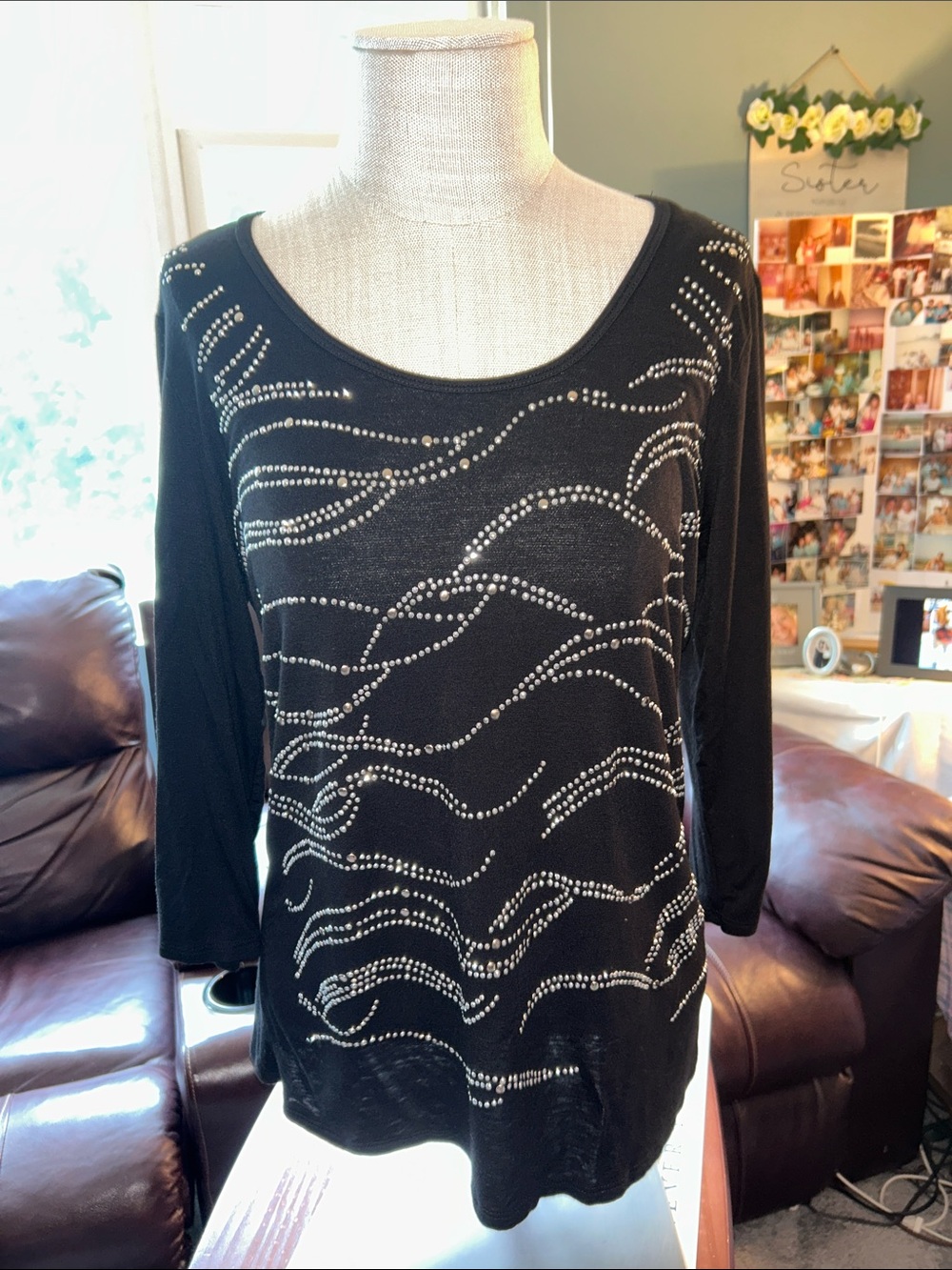 Dressbarn- Size PXL- Black Studded Wave-Pattern Women's Top 3/4 length sleeve